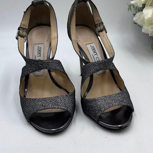 Jimmy Choo Lang AnthraciteGlitter Gunmetal Silver Lamè Ankle Strap Heels
